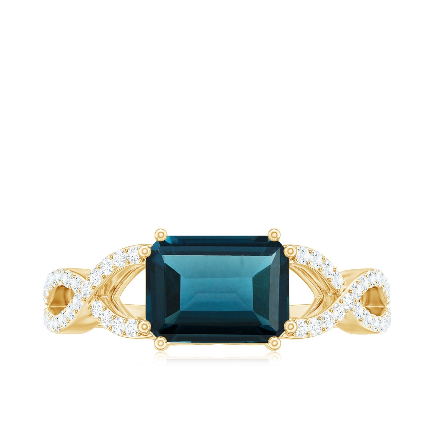 2.2 Carat Emerald Cut London Blue Topaz East West Engagement Ring with Diamond