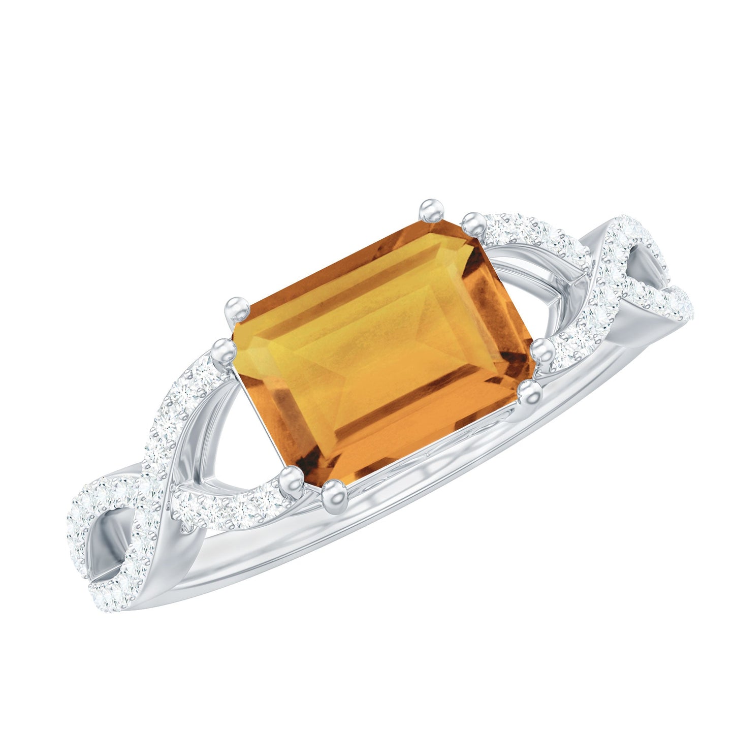 Natural Citrine Diamond Emerald Cut Engagement Ring in East West Style
