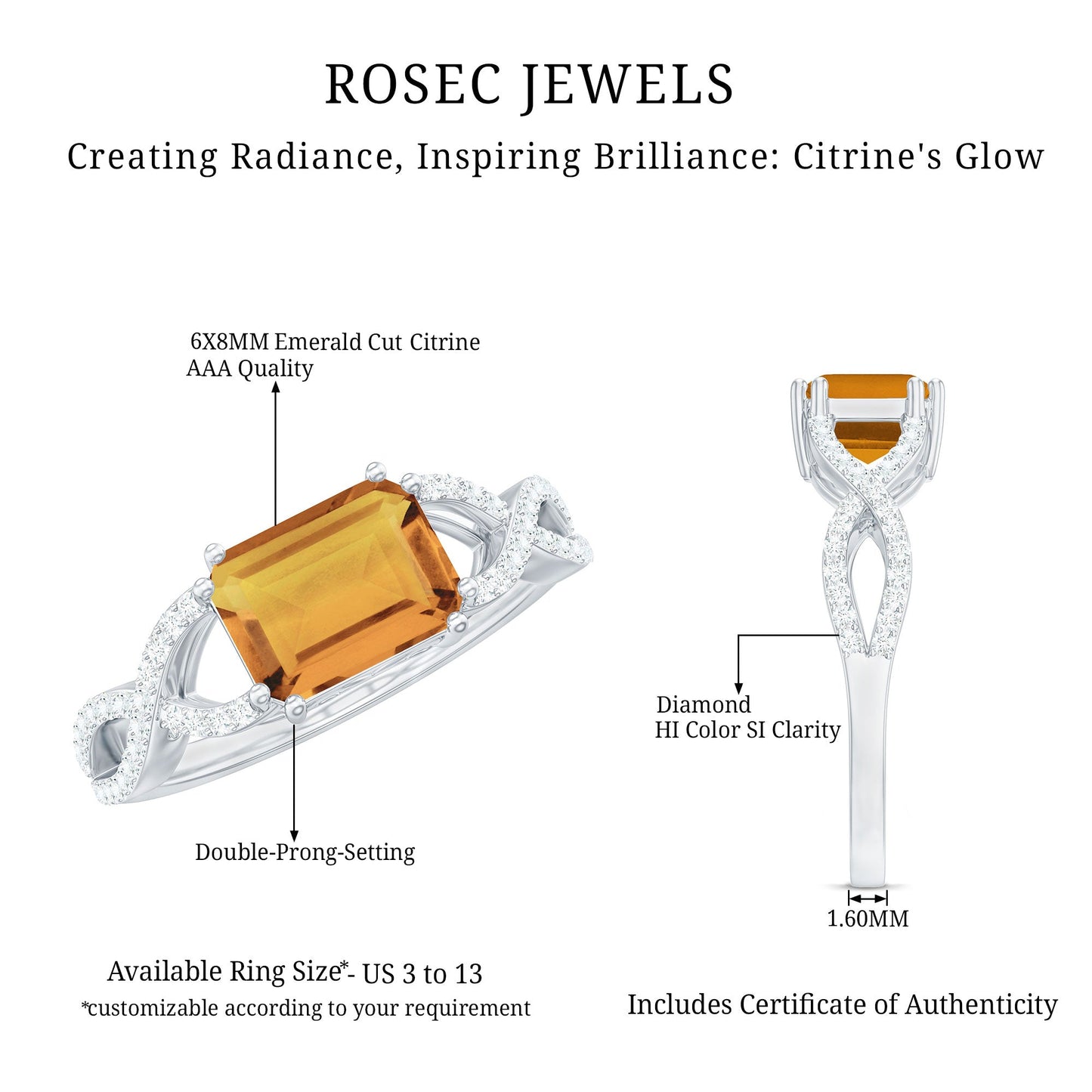 Natural Citrine Diamond Emerald Cut Engagement Ring in East West Style