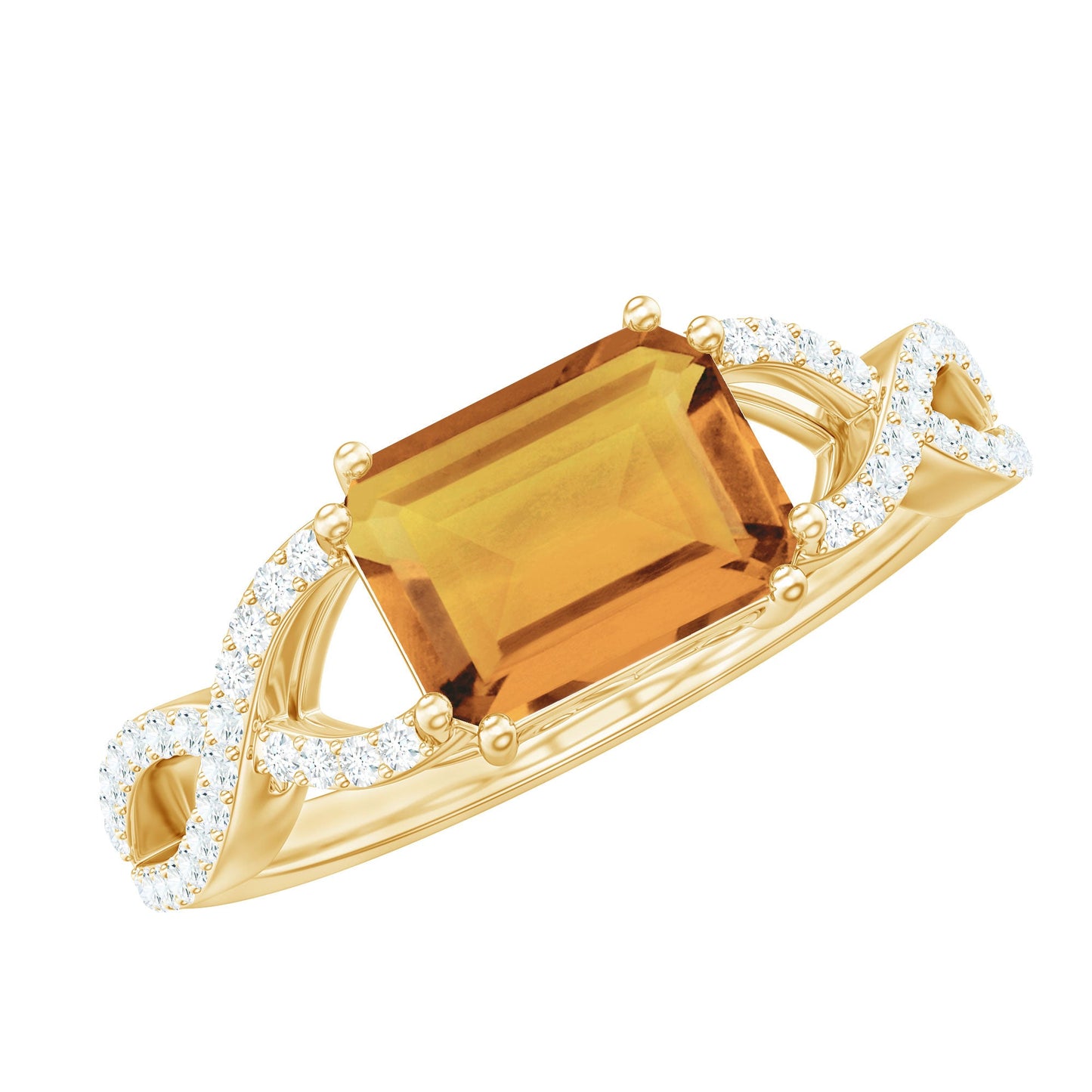Natural Citrine Diamond Emerald Cut Engagement Ring in East West Style