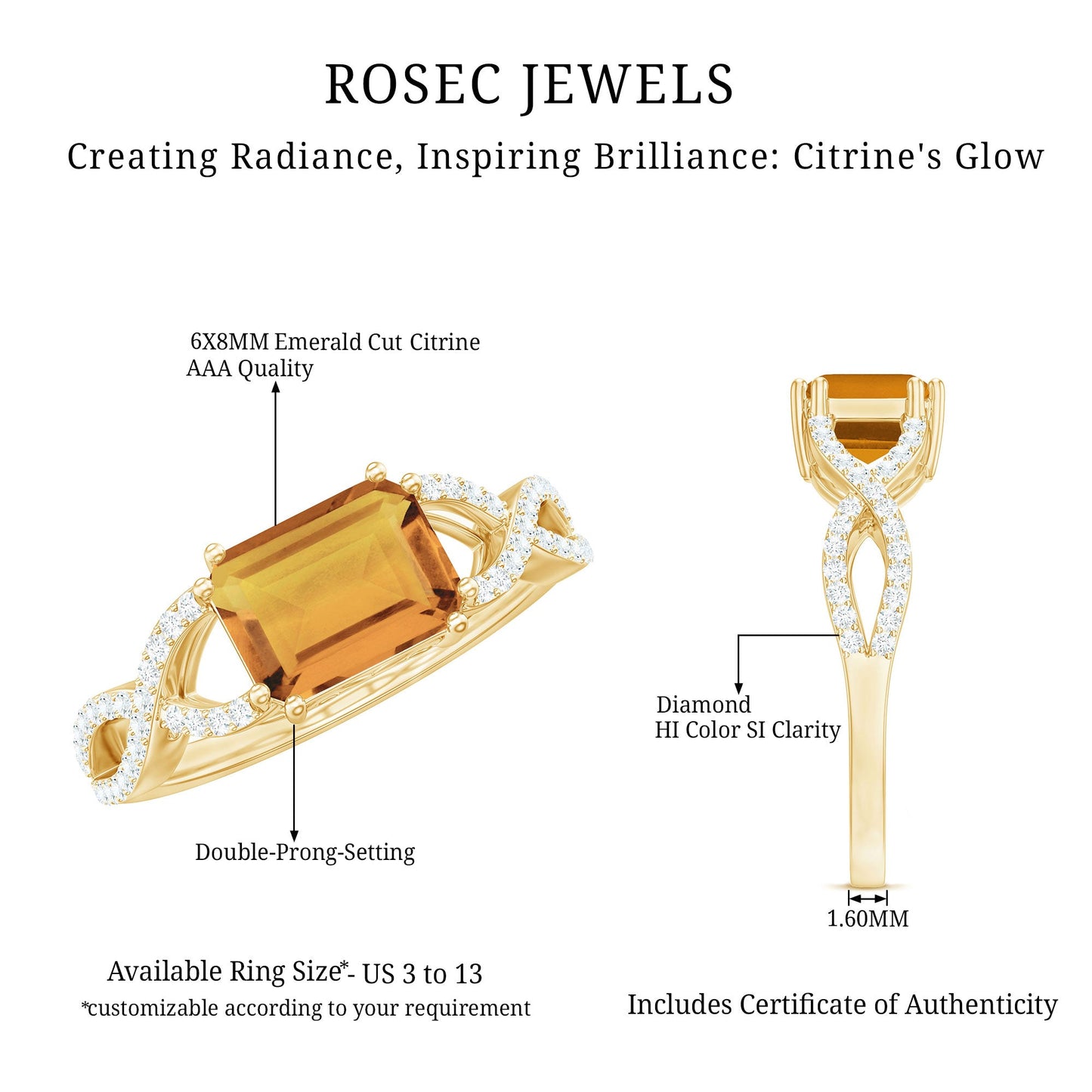 Natural Citrine Diamond Emerald Cut Engagement Ring in East West Style