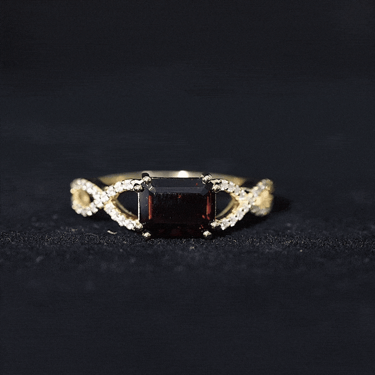 Certified Real Garnet Diamond Emerald Cut Engagement Ring in East West Style