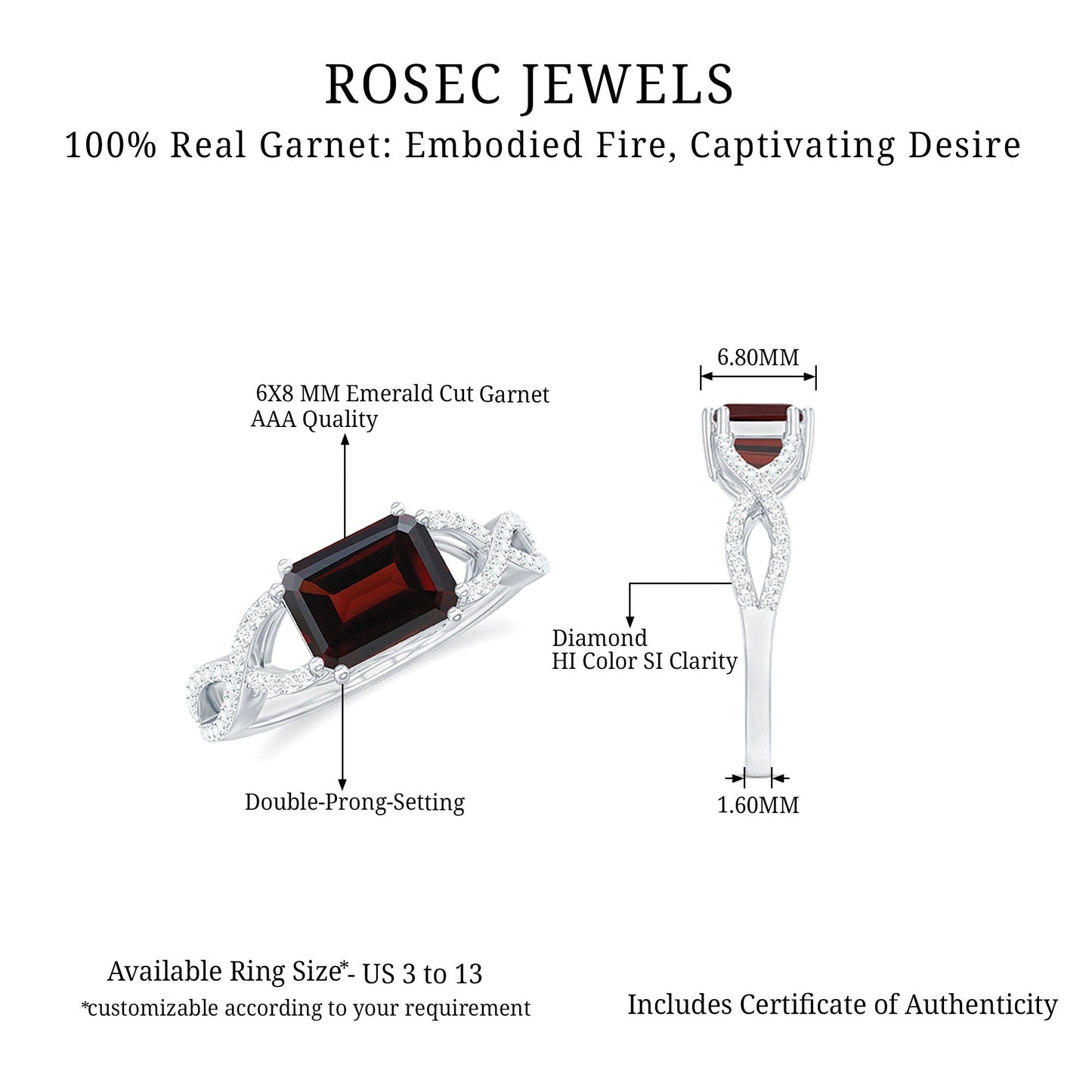 Certified Real Garnet Diamond Emerald Cut Engagement Ring in East West Style