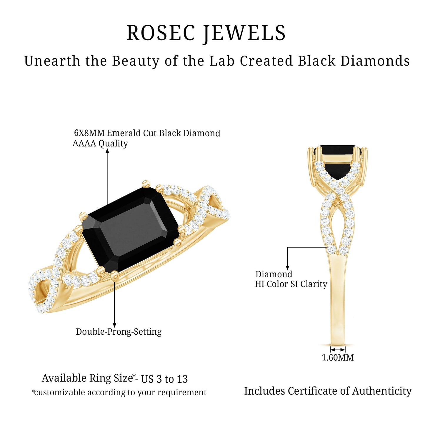 East West Style 1.6 Carat Lab Grown Black and White Diamond Engagement Ring with Crossover Shank
