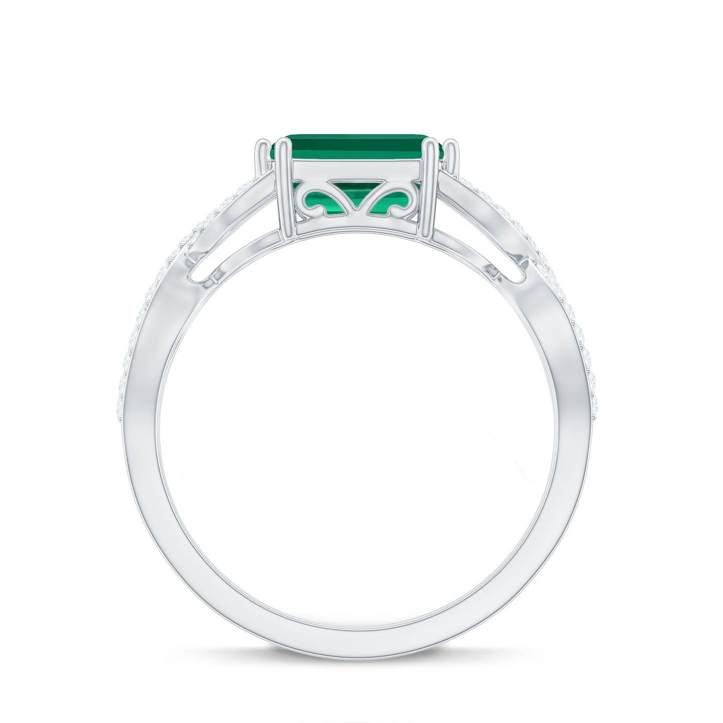 East West Style Lab Grown Emerald Cut Emerald Engagement Ring with Diamond