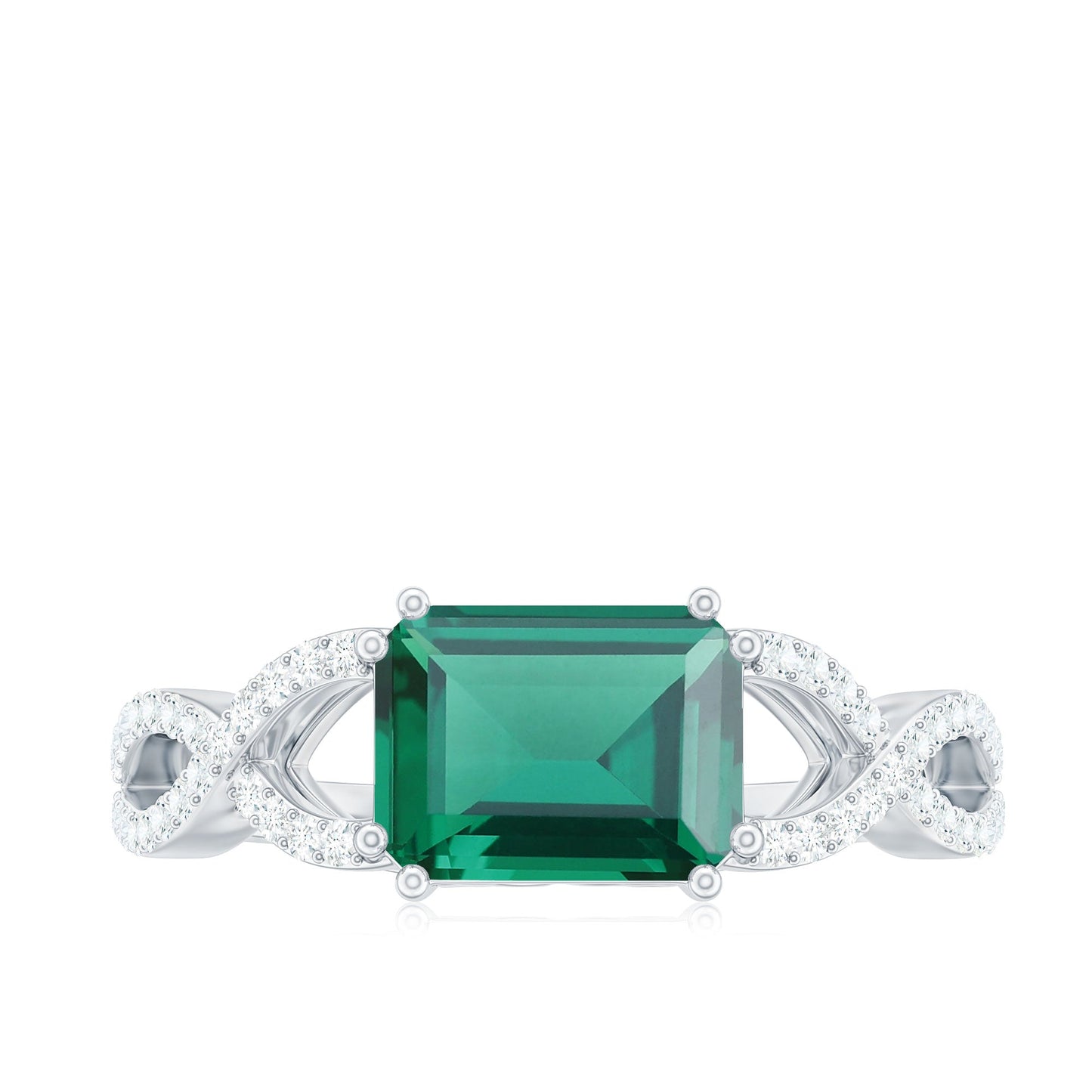 East West Style Lab Grown Emerald Cut Emerald Engagement Ring with Diamond