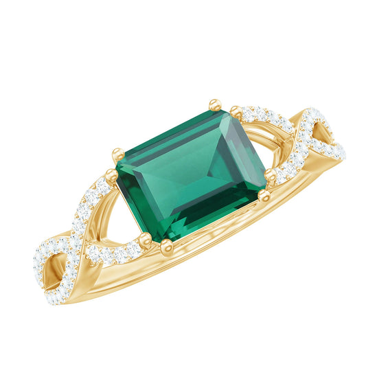 East West Style Lab Grown Emerald Cut Emerald Engagement Ring with Diamond