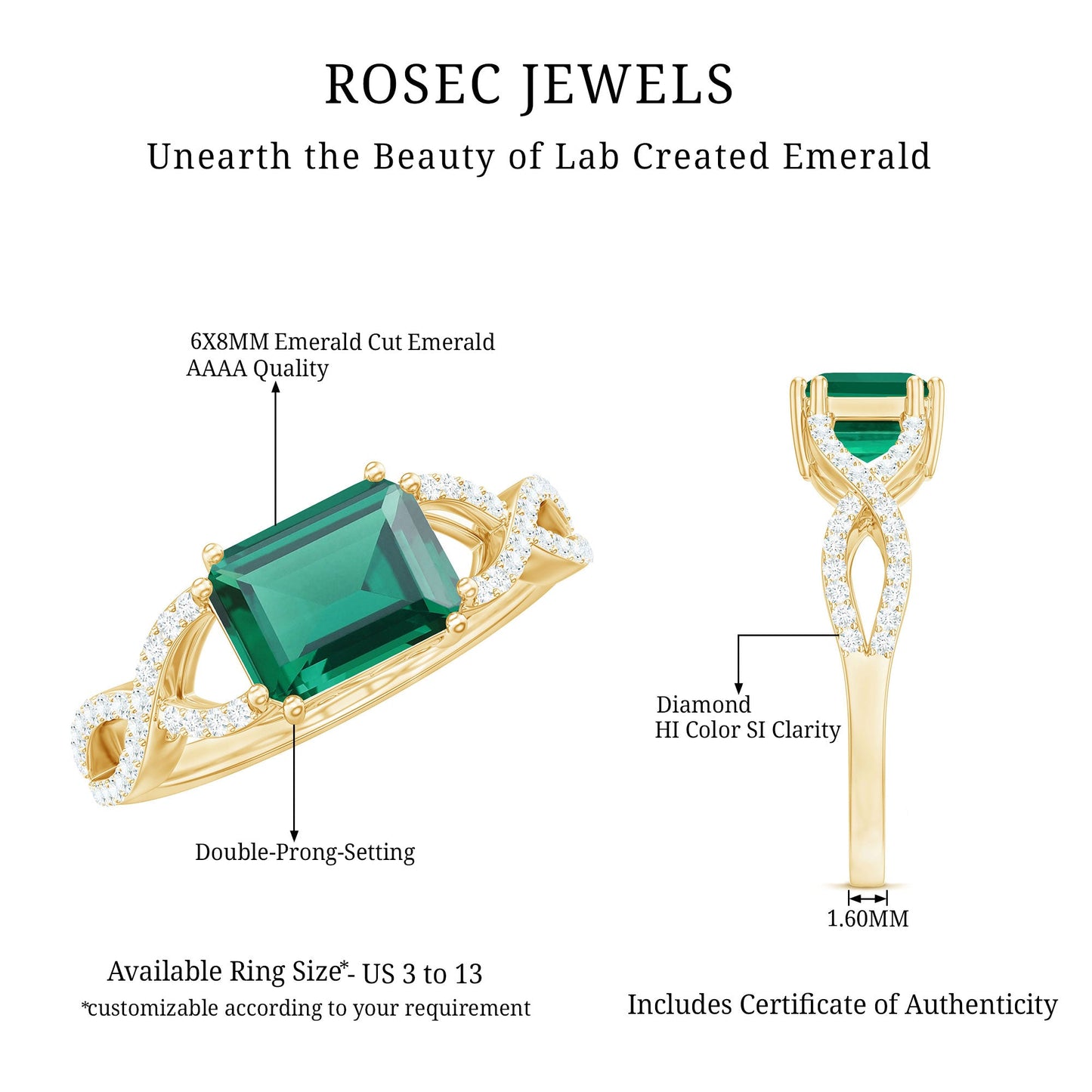 East West Style Lab Grown Emerald Cut Emerald Engagement Ring with Diamond