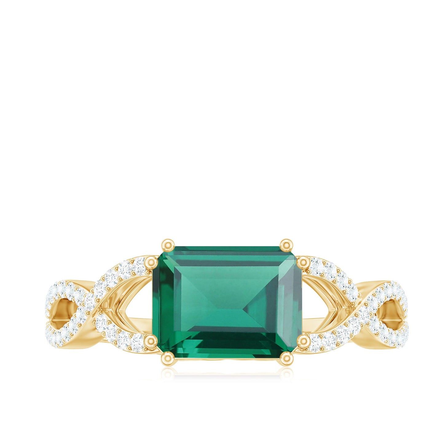 East West Style Lab Grown Emerald Cut Emerald Engagement Ring with Diamond