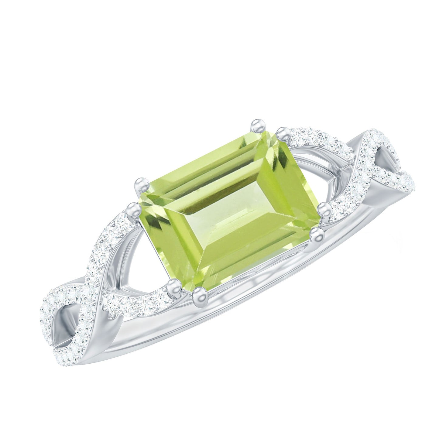 1.8 Carat Emerald Cut Peridot Engagement Ring Diamond Crossover Shank
