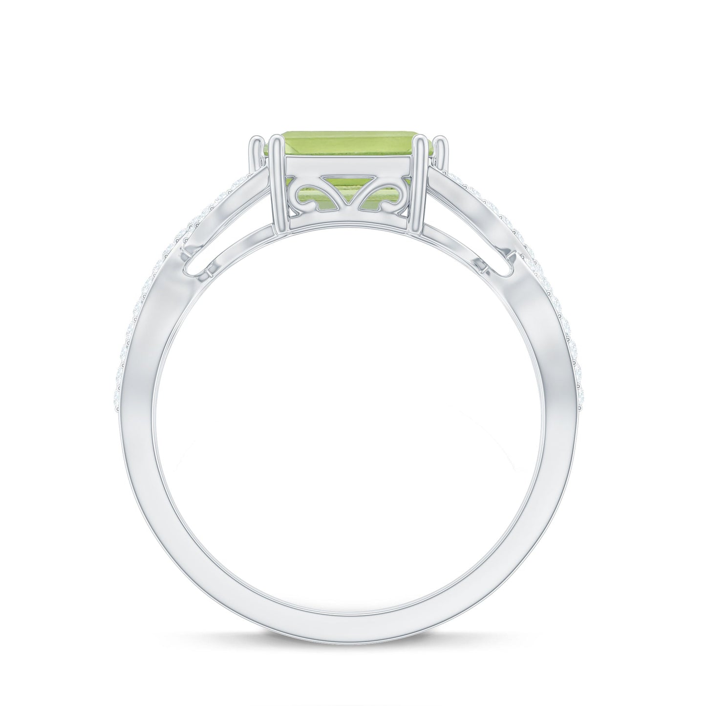 1.8 Carat Emerald Cut Peridot Engagement Ring Diamond Crossover Shank