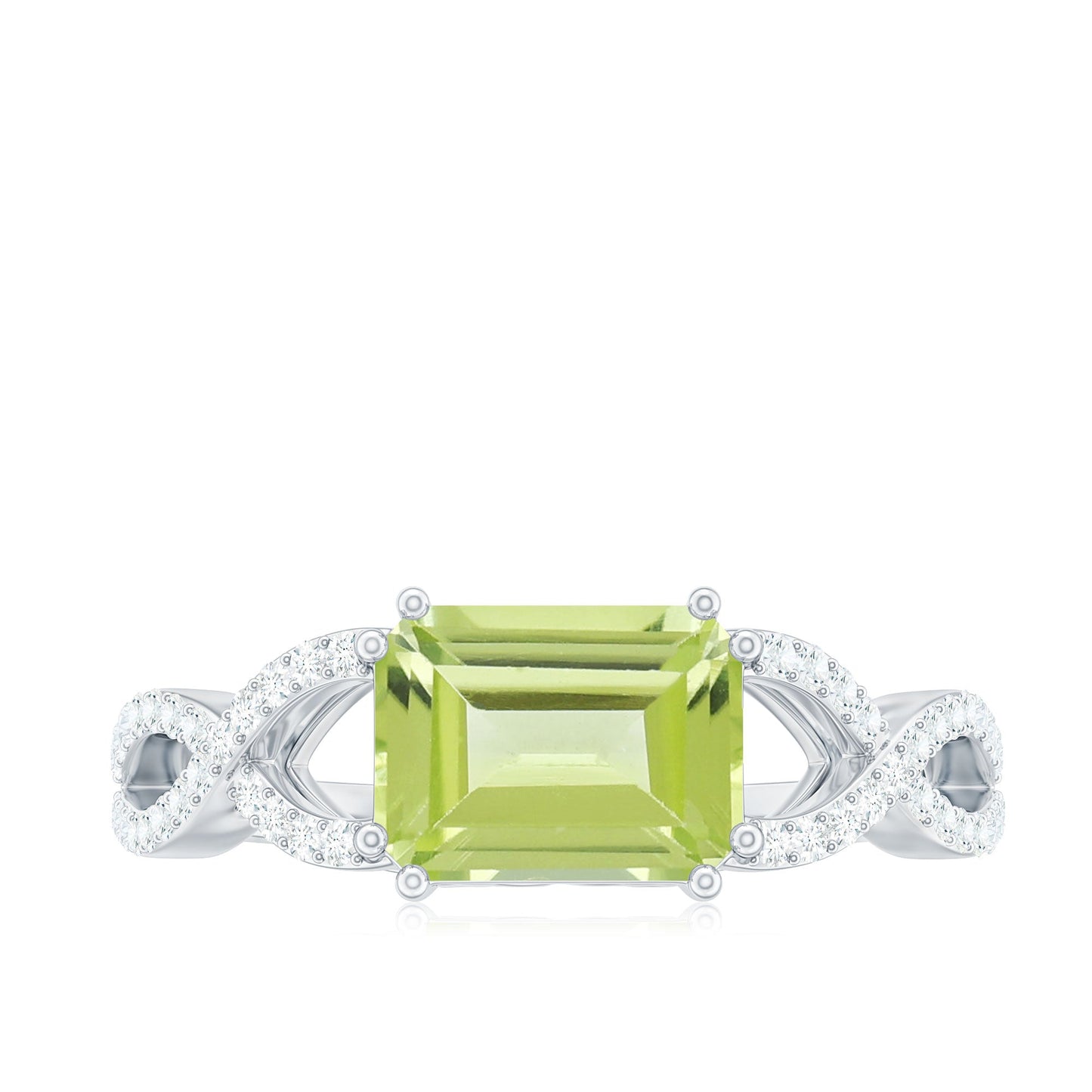 1.8 Carat Emerald Cut Peridot Engagement Ring Diamond Crossover Shank