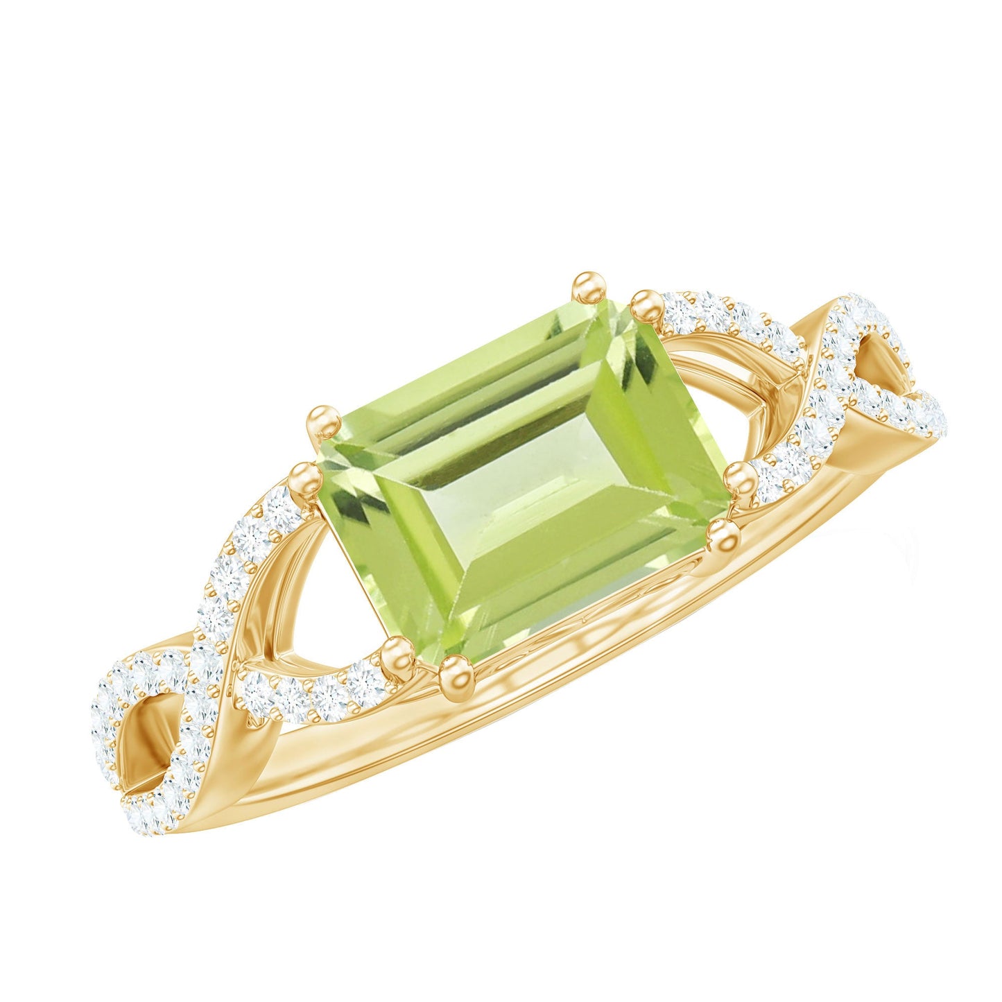 1.8 Carat Emerald Cut Peridot Engagement Ring Diamond Crossover Shank