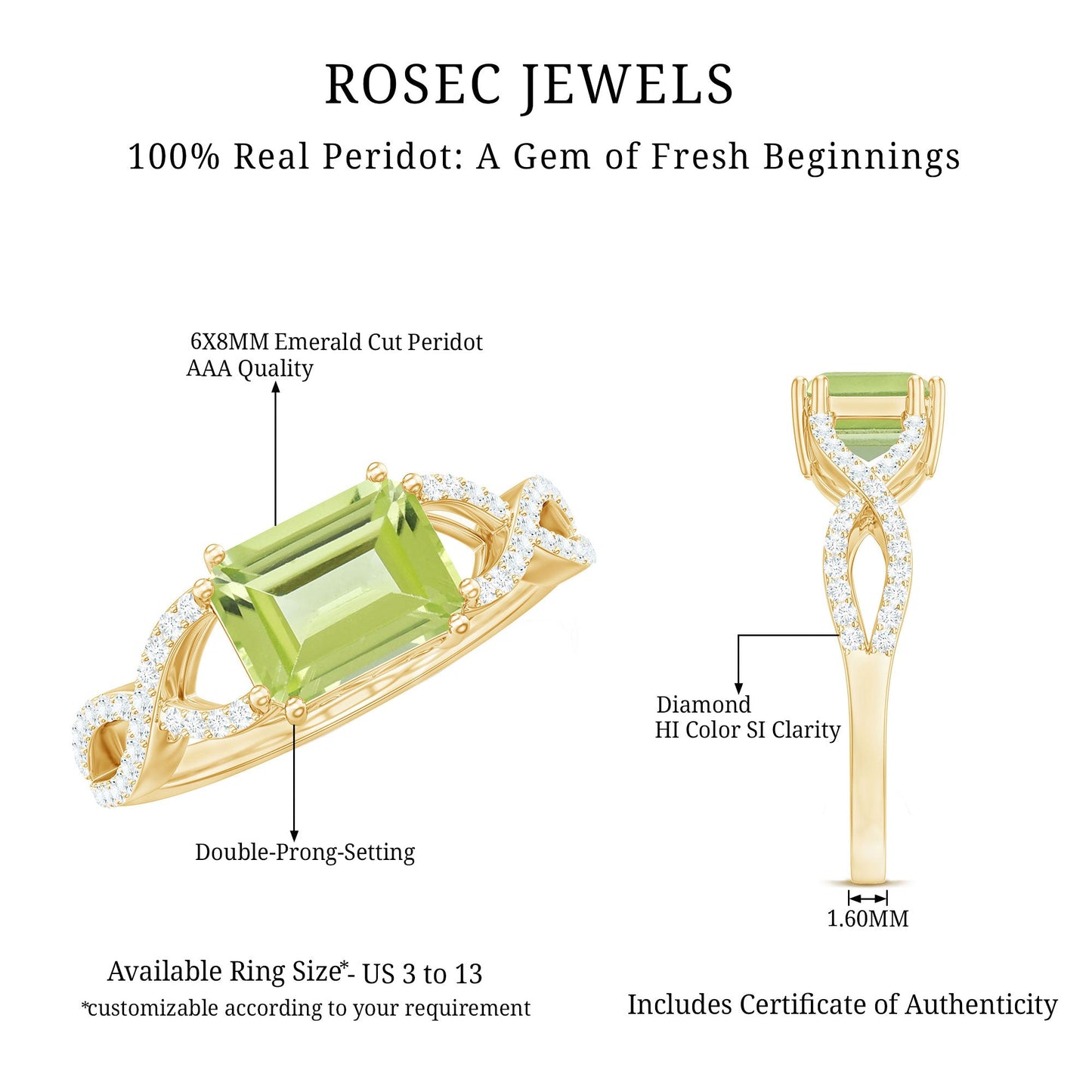 1.8 Carat Emerald Cut Peridot Engagement Ring Diamond Crossover Shank