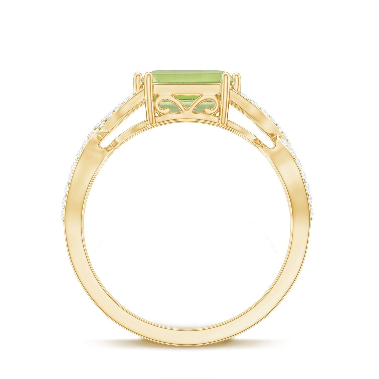 1.8 Carat Emerald Cut Peridot Engagement Ring Diamond Crossover Shank
