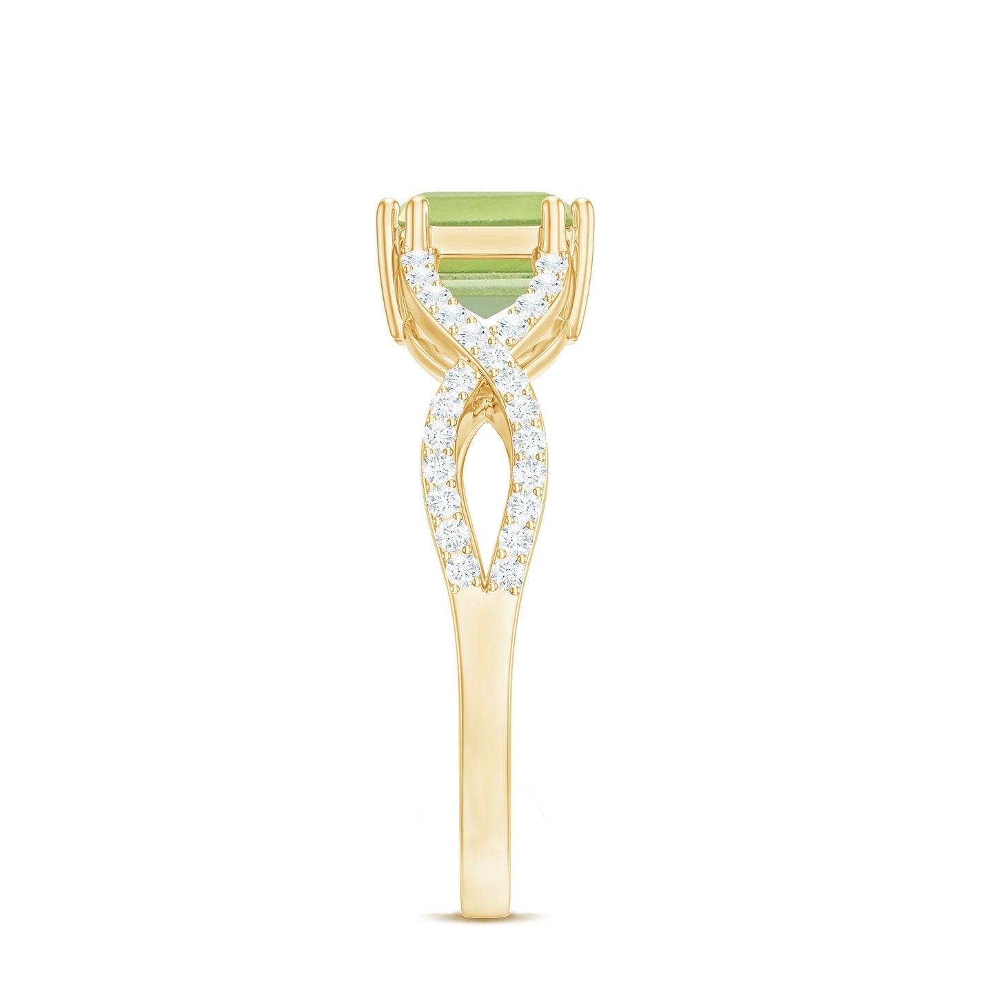 1.8 Carat Emerald Cut Peridot Engagement Ring Diamond Crossover Shank