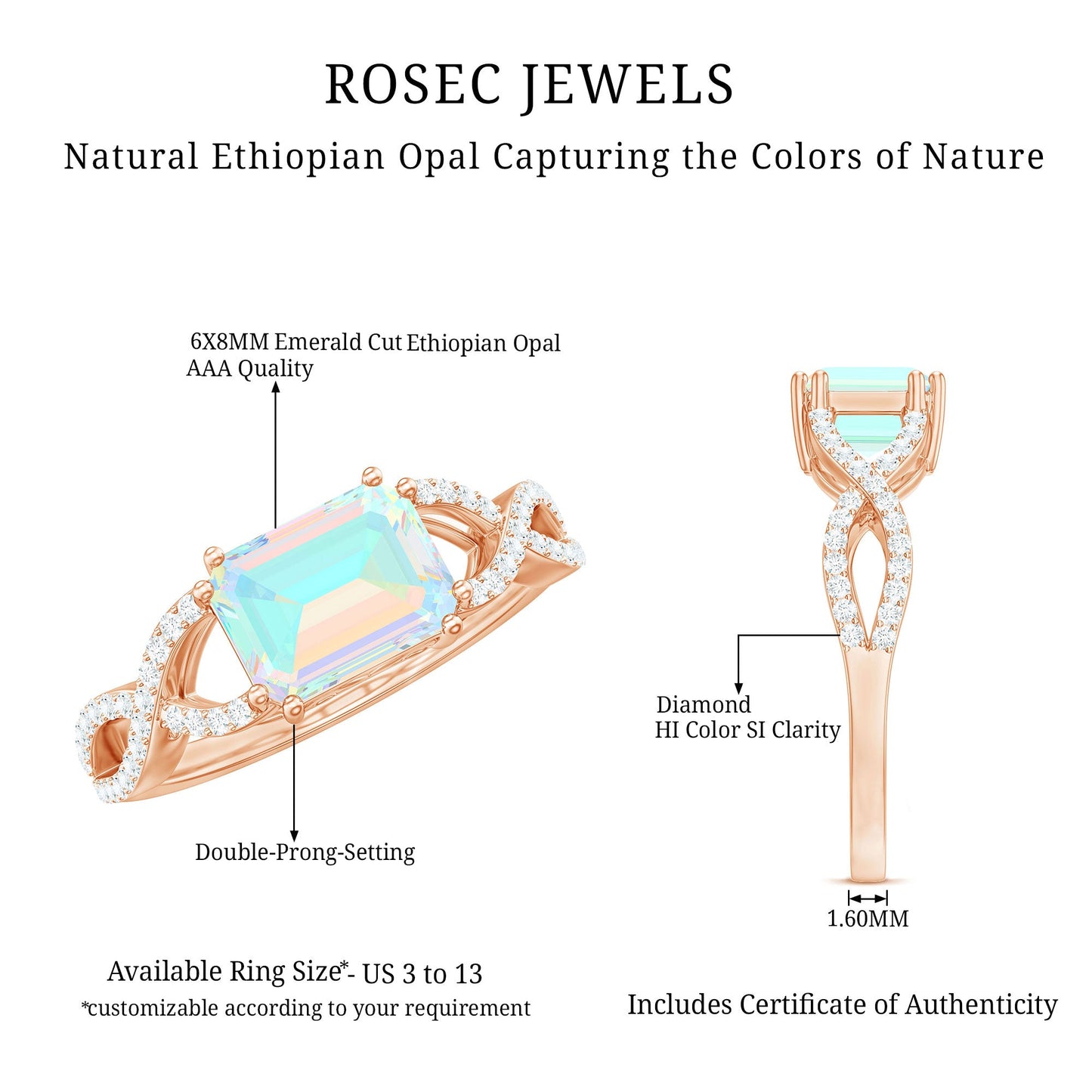 Natural Emerald Cut Opalescent Diamond Engagement Ring in East West Style