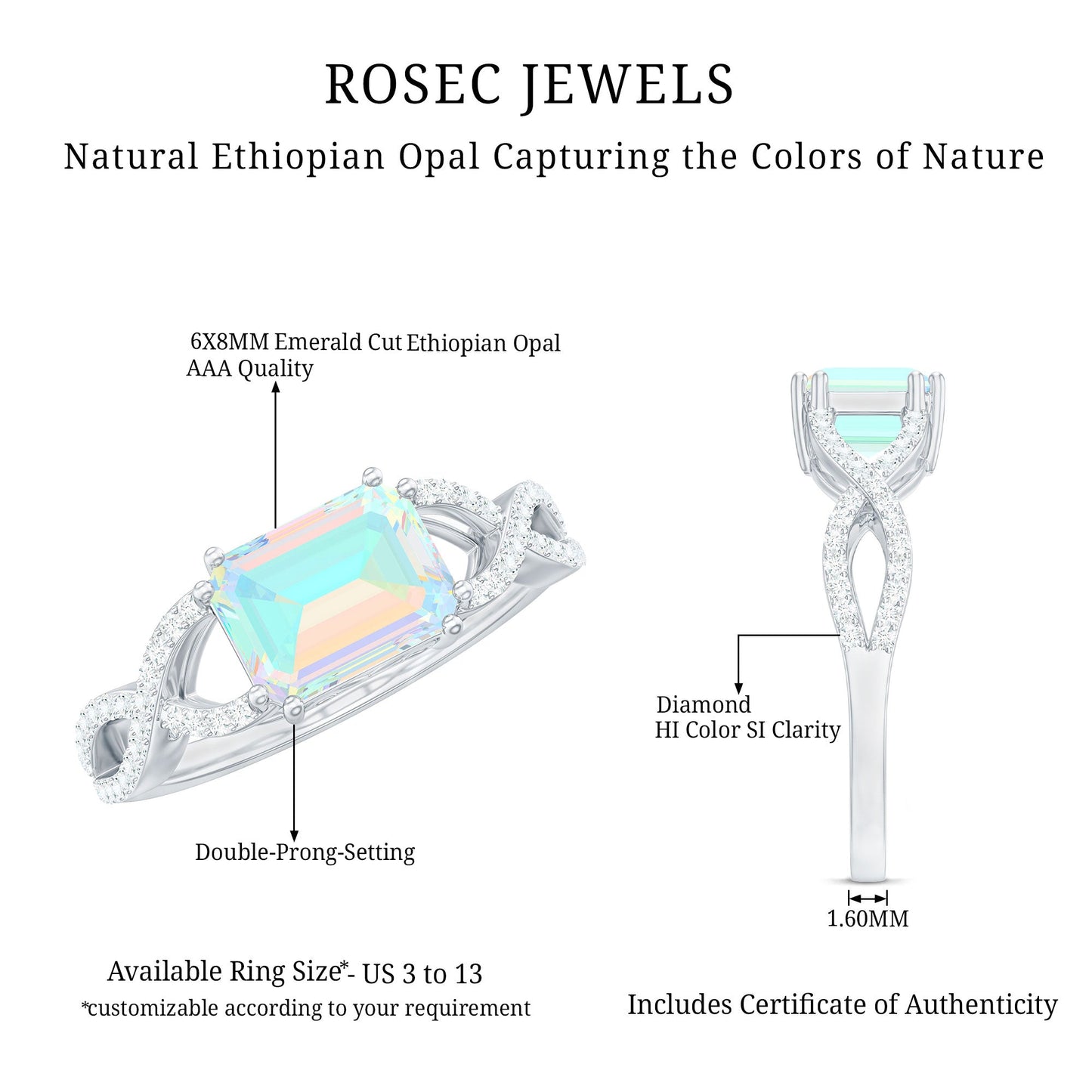 Natural Emerald Cut Opalescent Diamond Engagement Ring in East West Style