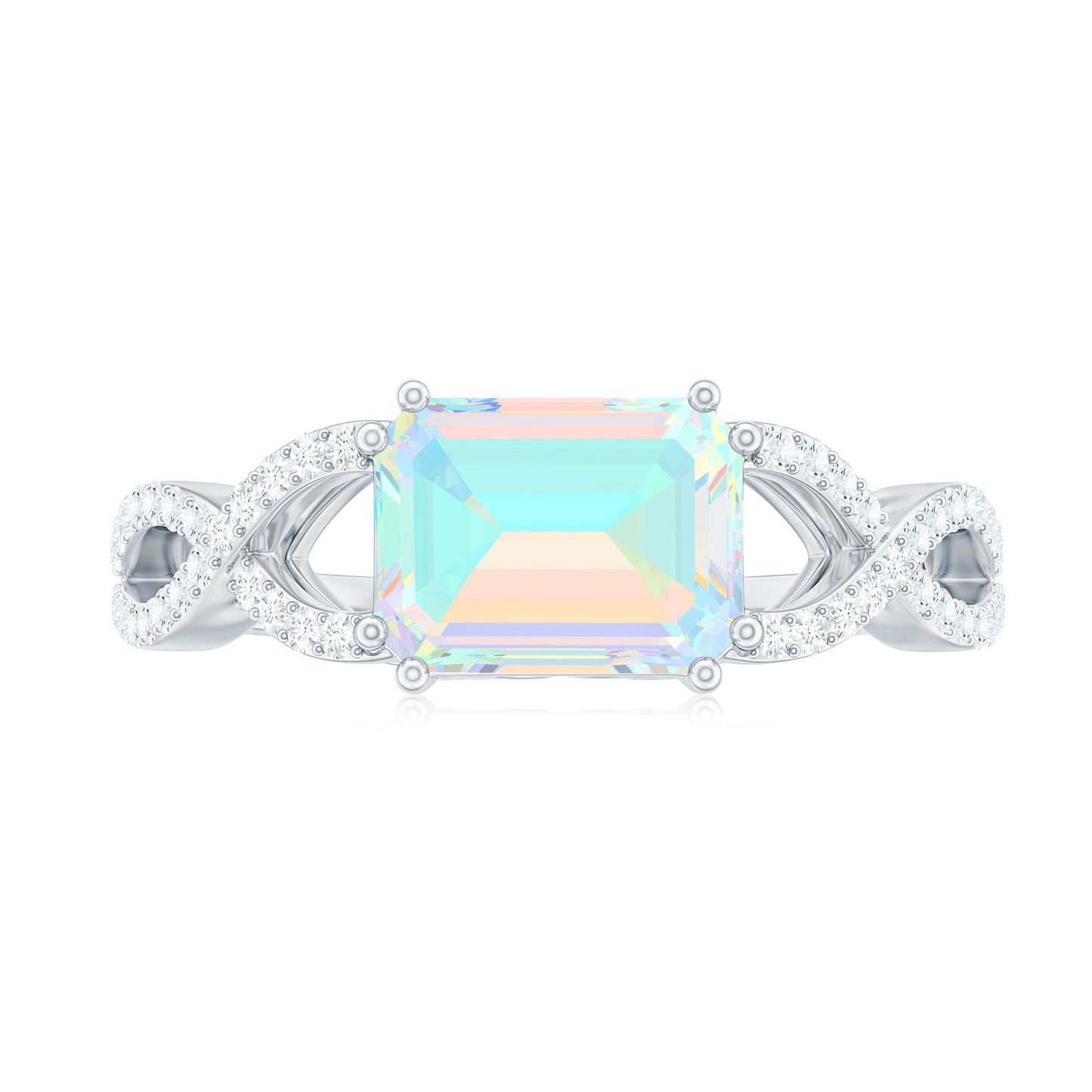 Natural Emerald Cut Opalescent Diamond Engagement Ring in East West Style