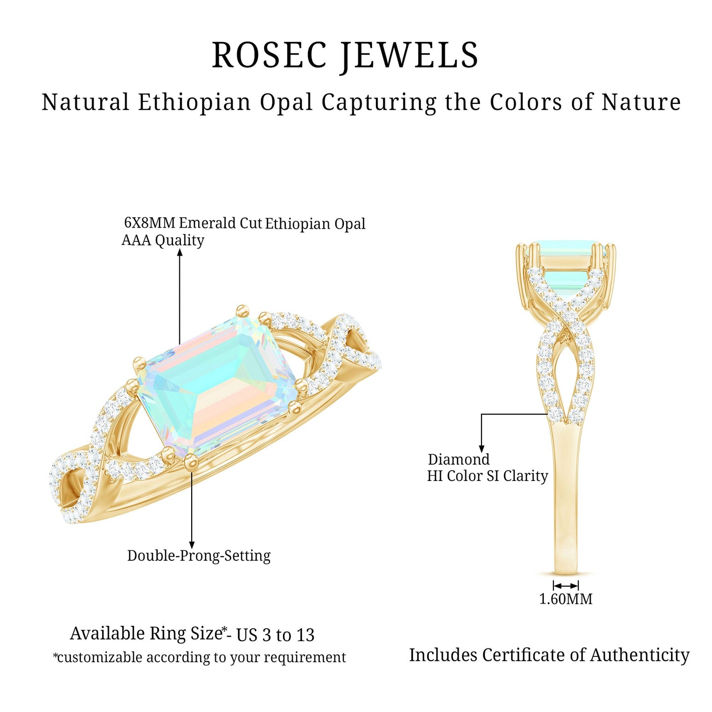 Natural Emerald Cut Opalescent Diamond Engagement Ring in East West Style