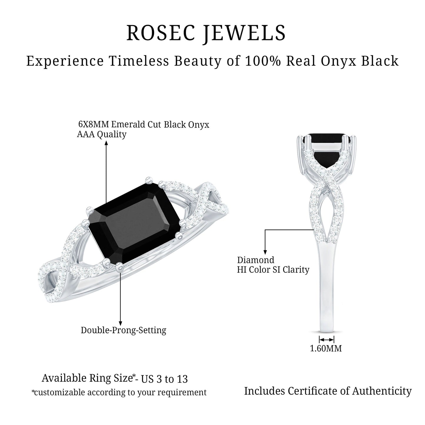 Designer Black Onyx Crossover Engagement Ring with Diamonds