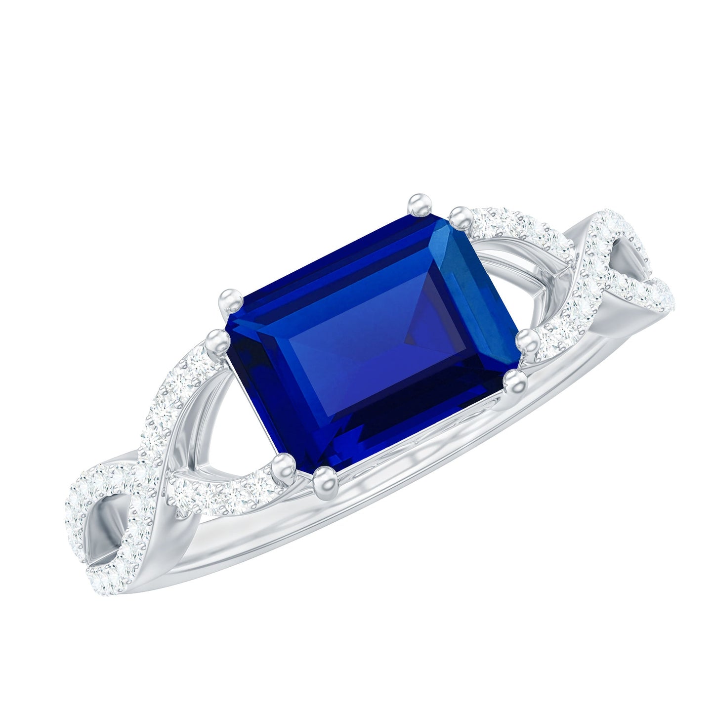 Certified 1.75 Carat Lab Created Blue Sapphire East West Engagement Ring with Diamond Crossover Shank