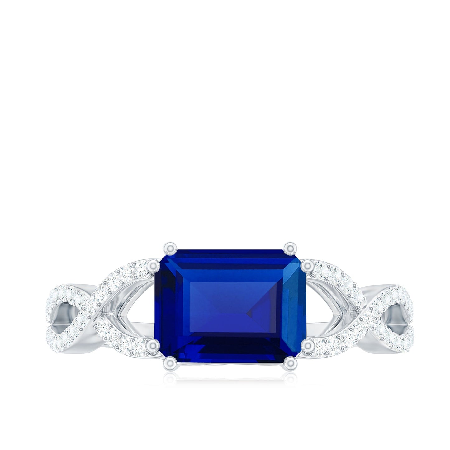 Certified 1.75 Carat Lab Created Blue Sapphire East West Engagement Ring with Diamond Crossover Shank
