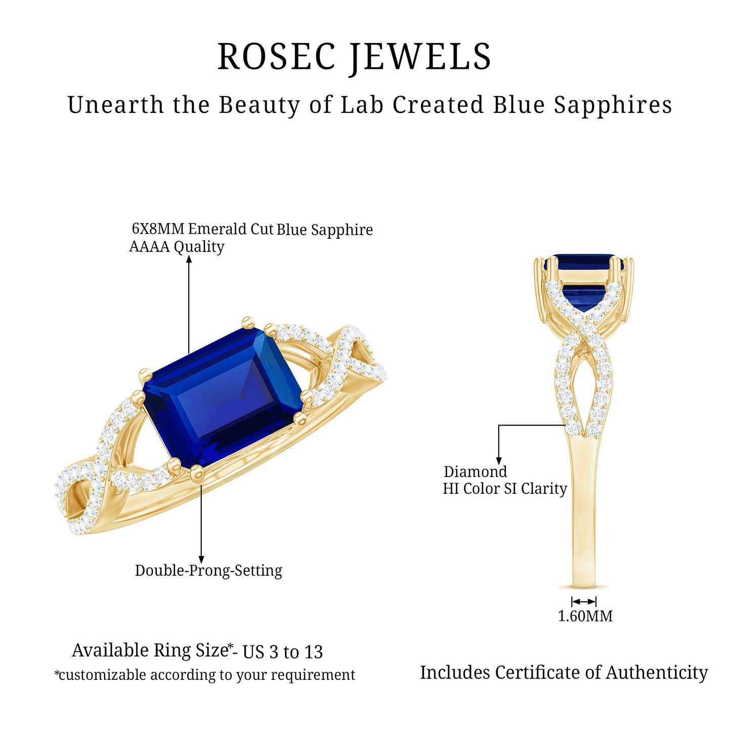 Certified 1.75 Carat Lab Created Blue Sapphire East West Engagement Ring with Diamond Crossover Shank