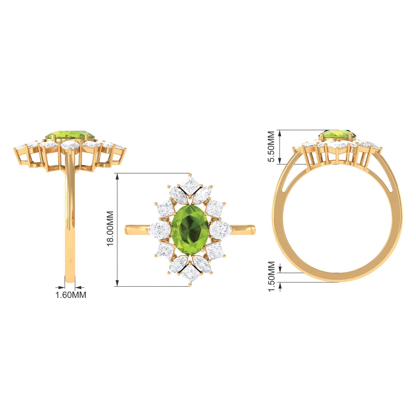 1 Carat Natural Peridot Cocktail Ring with Moissanite Stones
