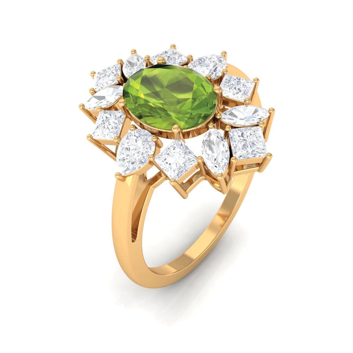 1 Carat Natural Peridot Cocktail Ring with Moissanite Stones