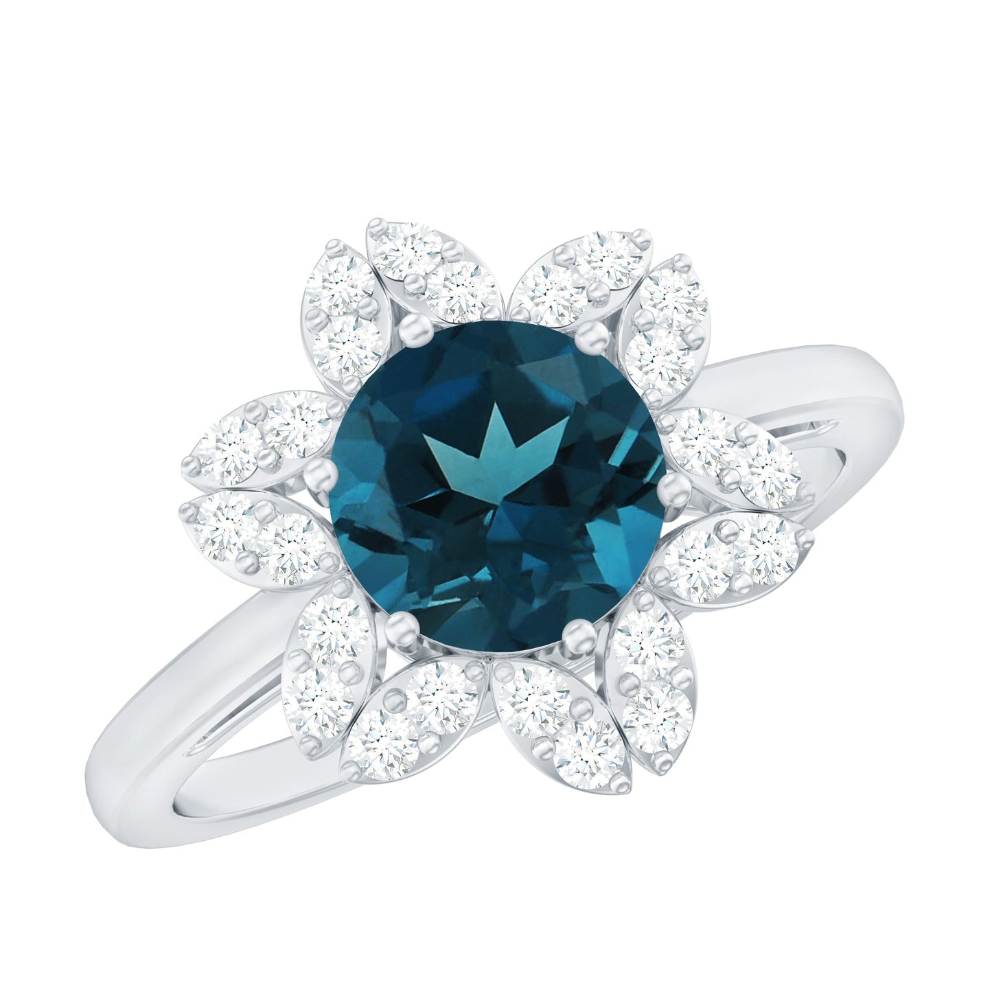 1.3 Carat Round London Blue Topaz Floral Engagement Ring with Diamond