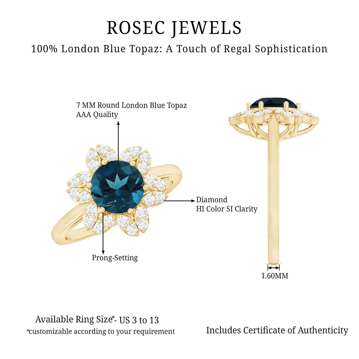 1.3 Carat Round London Blue Topaz Floral Engagement Ring with Diamond