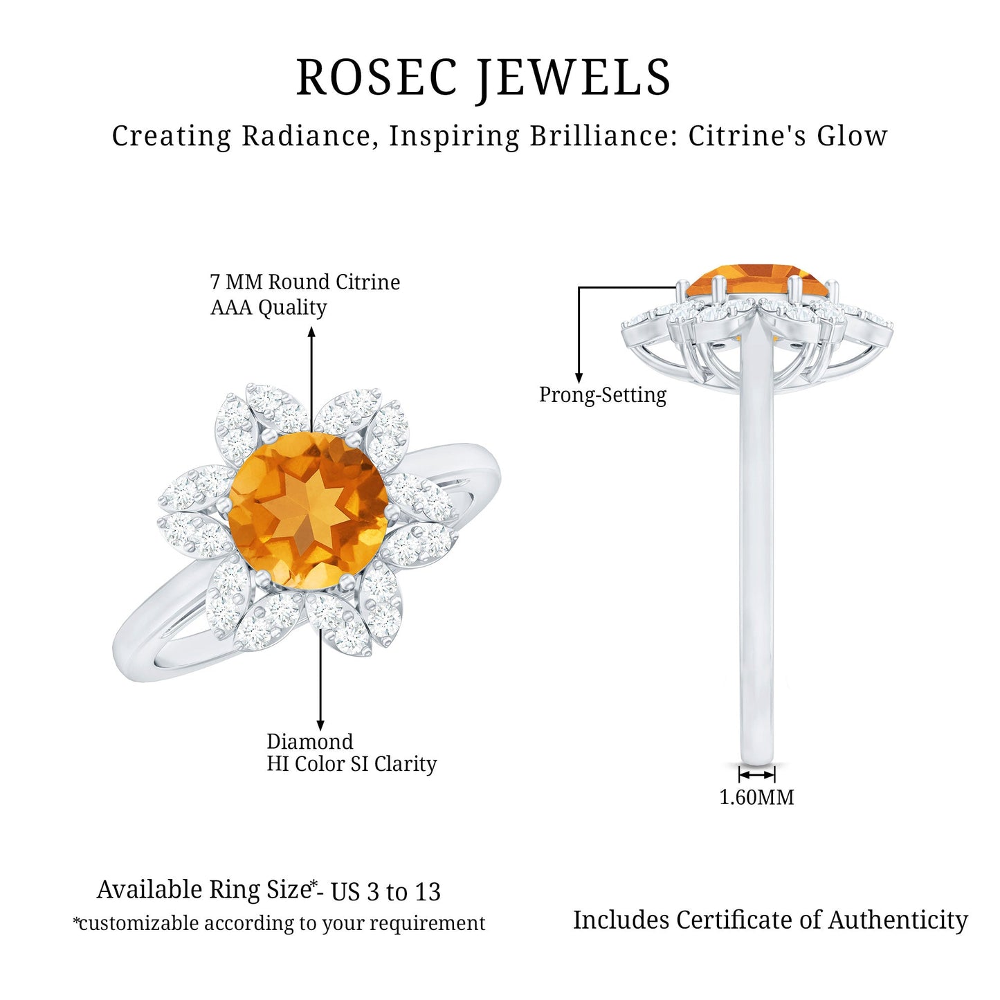 Natural Citrine Floral Engagement Ring with Diamond