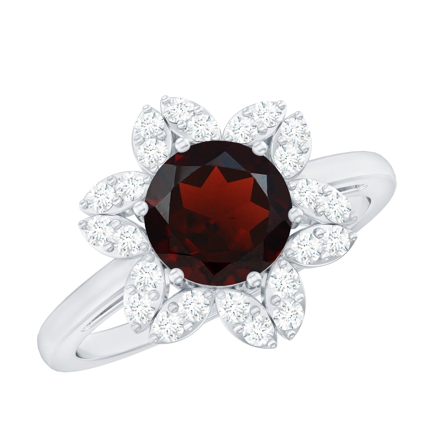 Certified Natural 2.3 Carat Garnet Flower Engagement Ring with Diamond