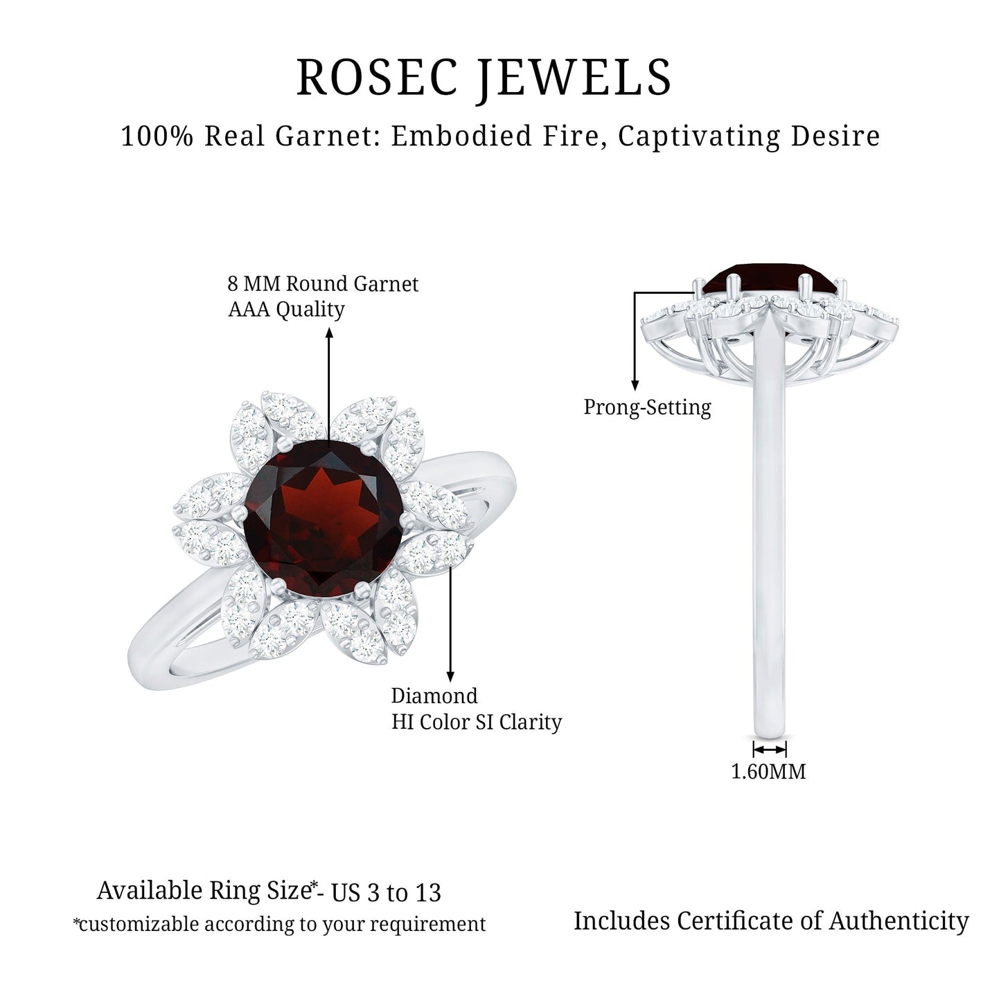 Certified Natural 2.3 Carat Garnet Flower Engagement Ring with Diamond