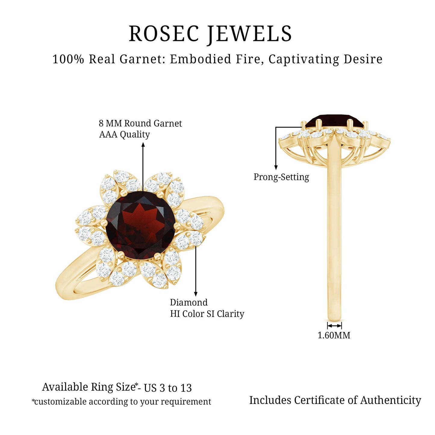 Certified Natural 2.3 Carat Garnet Flower Engagement Ring with Diamond