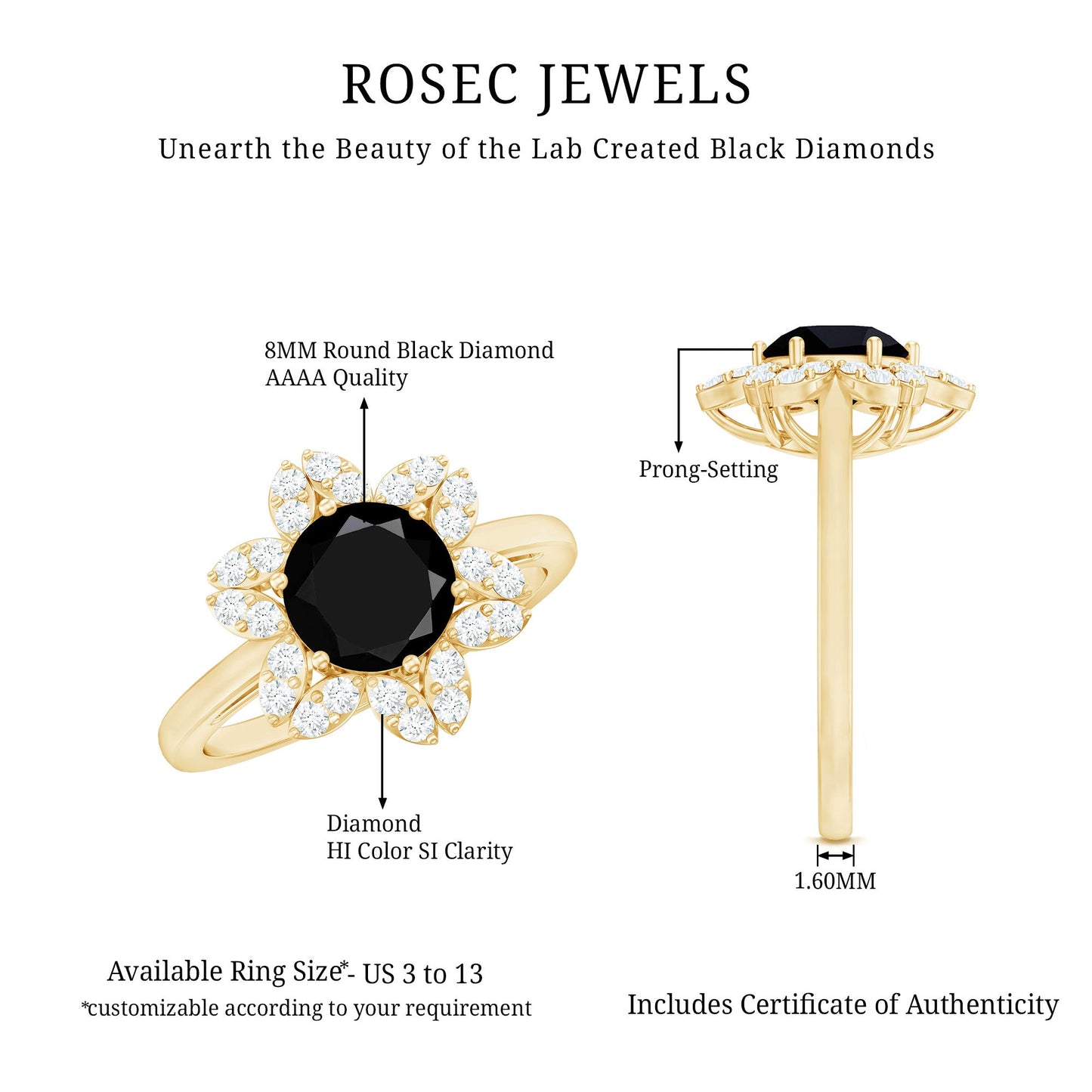 Certified 2 Carat Lab Grown Black and White Diamond Flower Engagement Ring