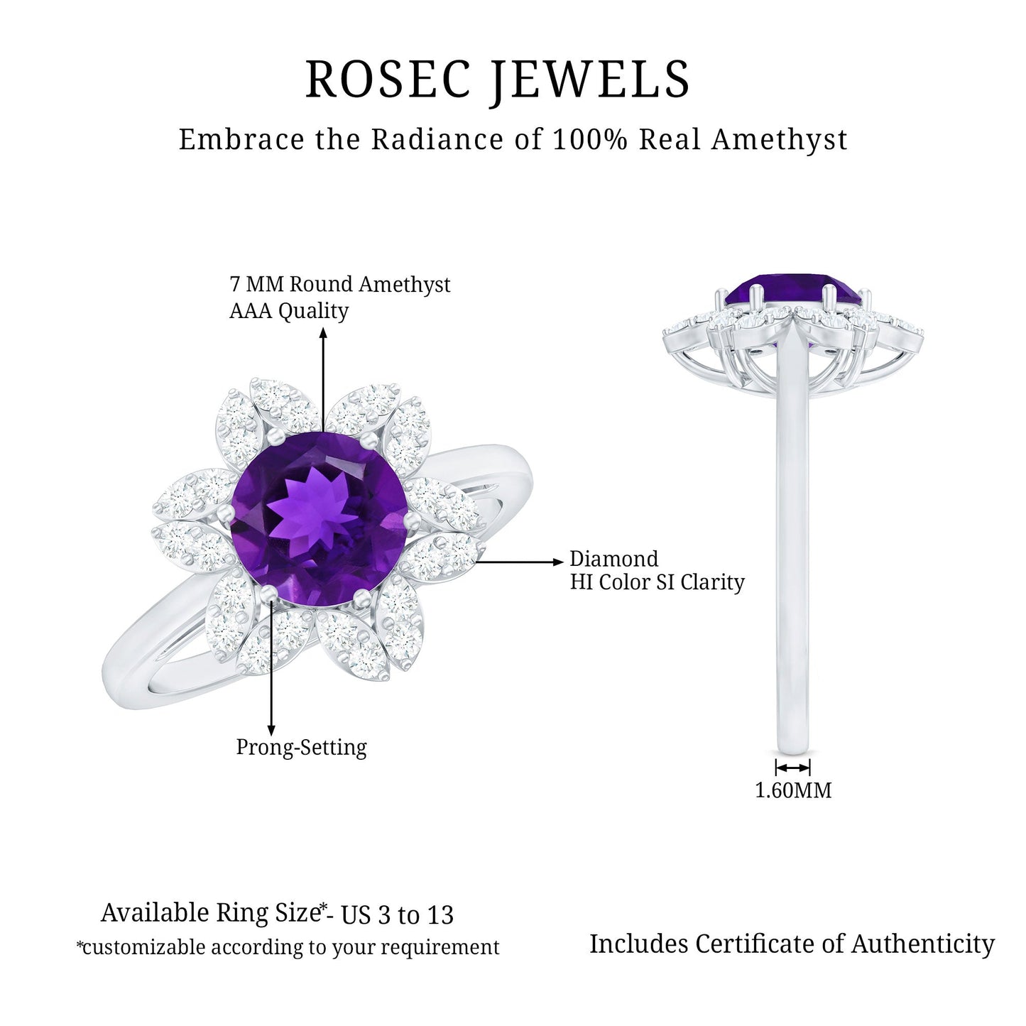 Round Amethyst Flower Engagement Ring with Diamond