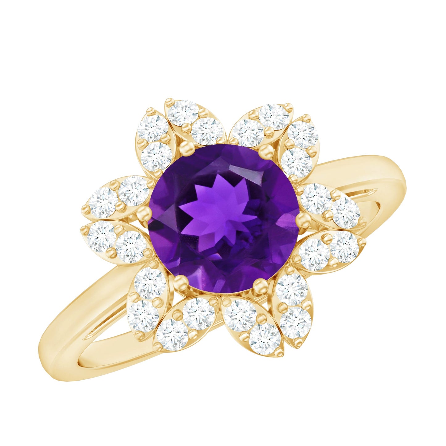 Round Amethyst Flower Engagement Ring with Diamond