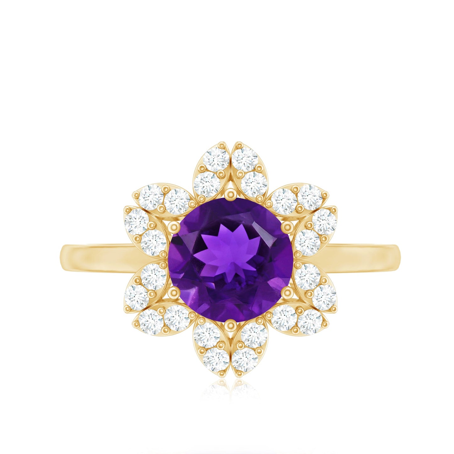 Round Amethyst Flower Engagement Ring with Diamond