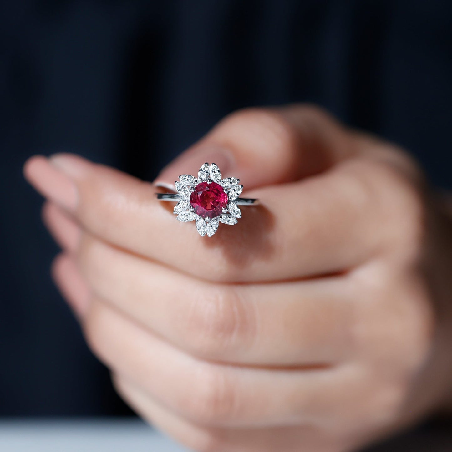 Real 1.2 Carat Round Pink Tourmaline Flower Engagement Ring with Diamond