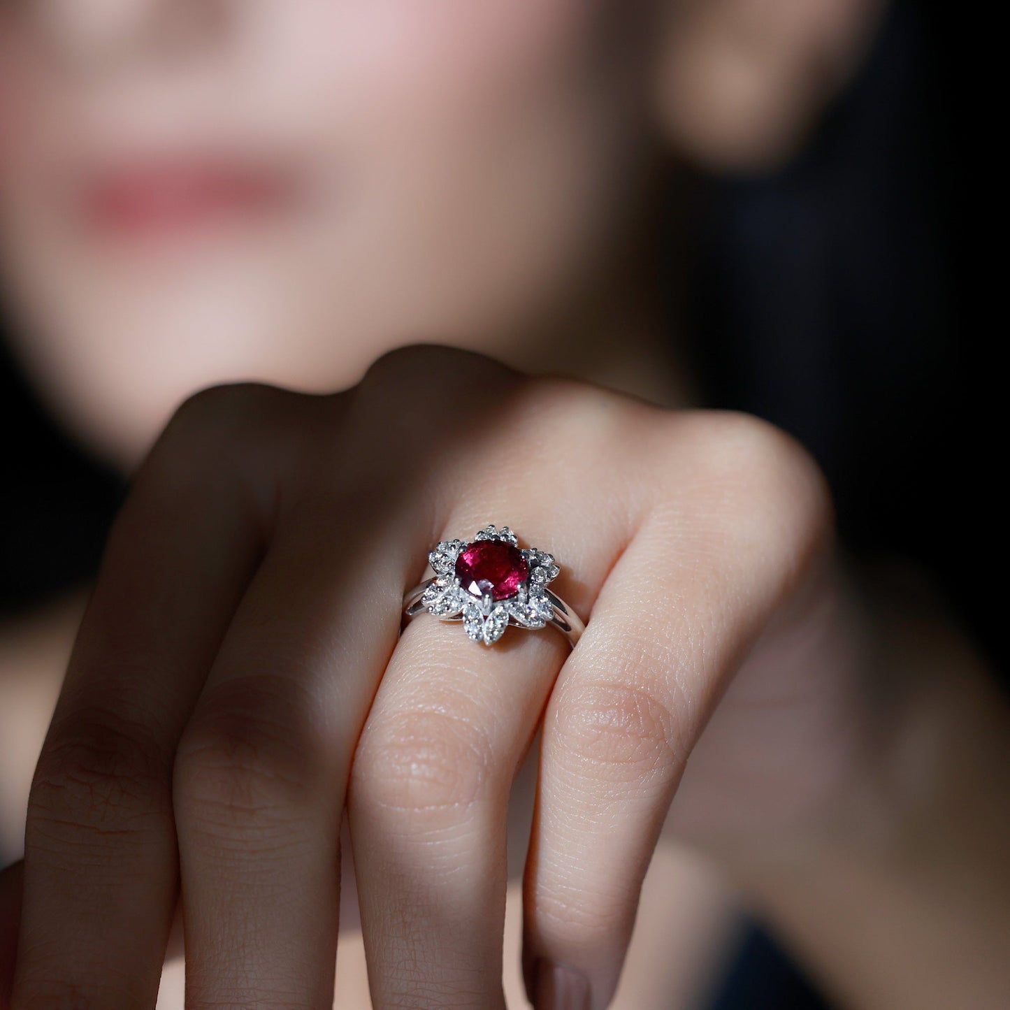 Real 1.2 Carat Round Pink Tourmaline Flower Engagement Ring with Diamond