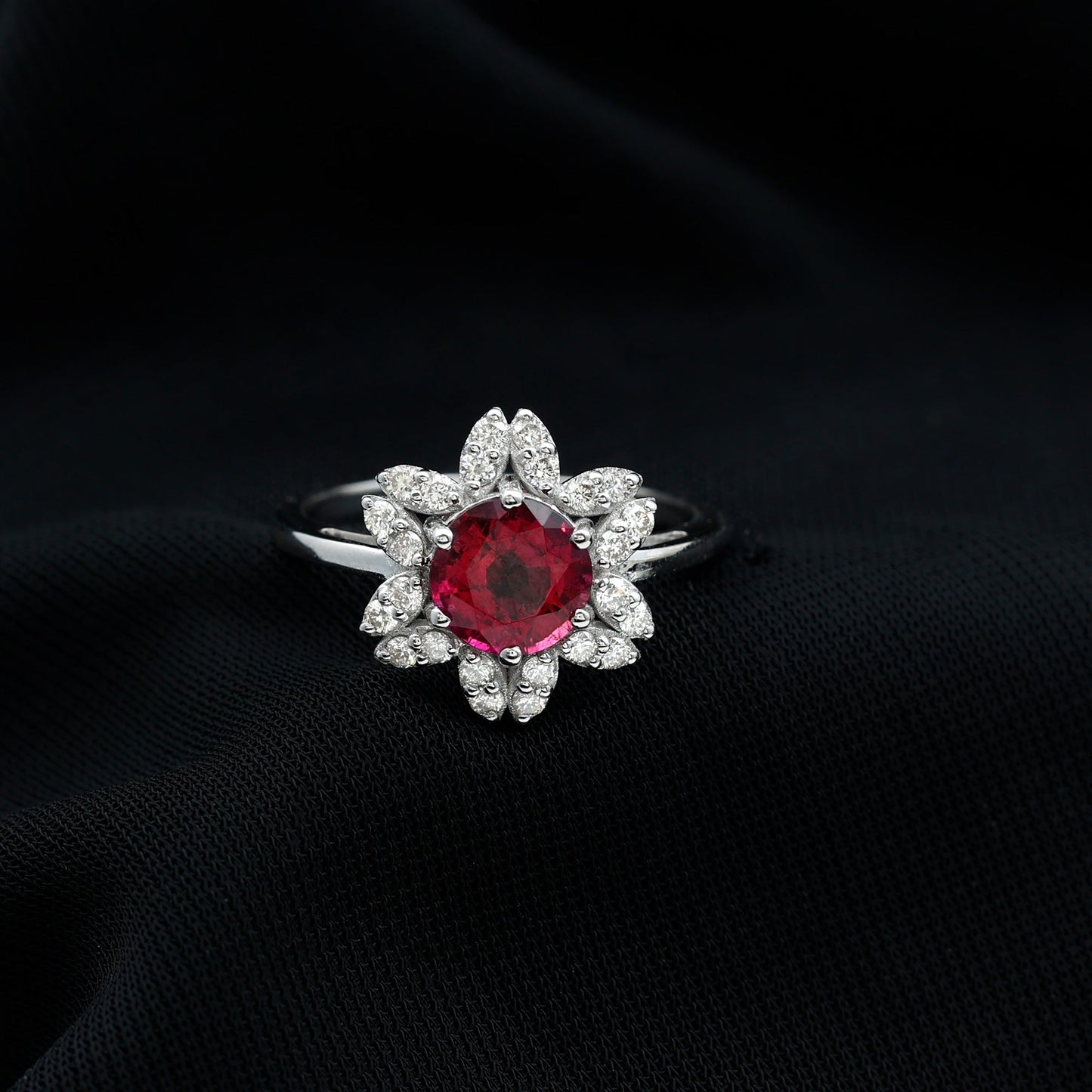 Real 1.2 Carat Round Pink Tourmaline Flower Engagement Ring with Diamond