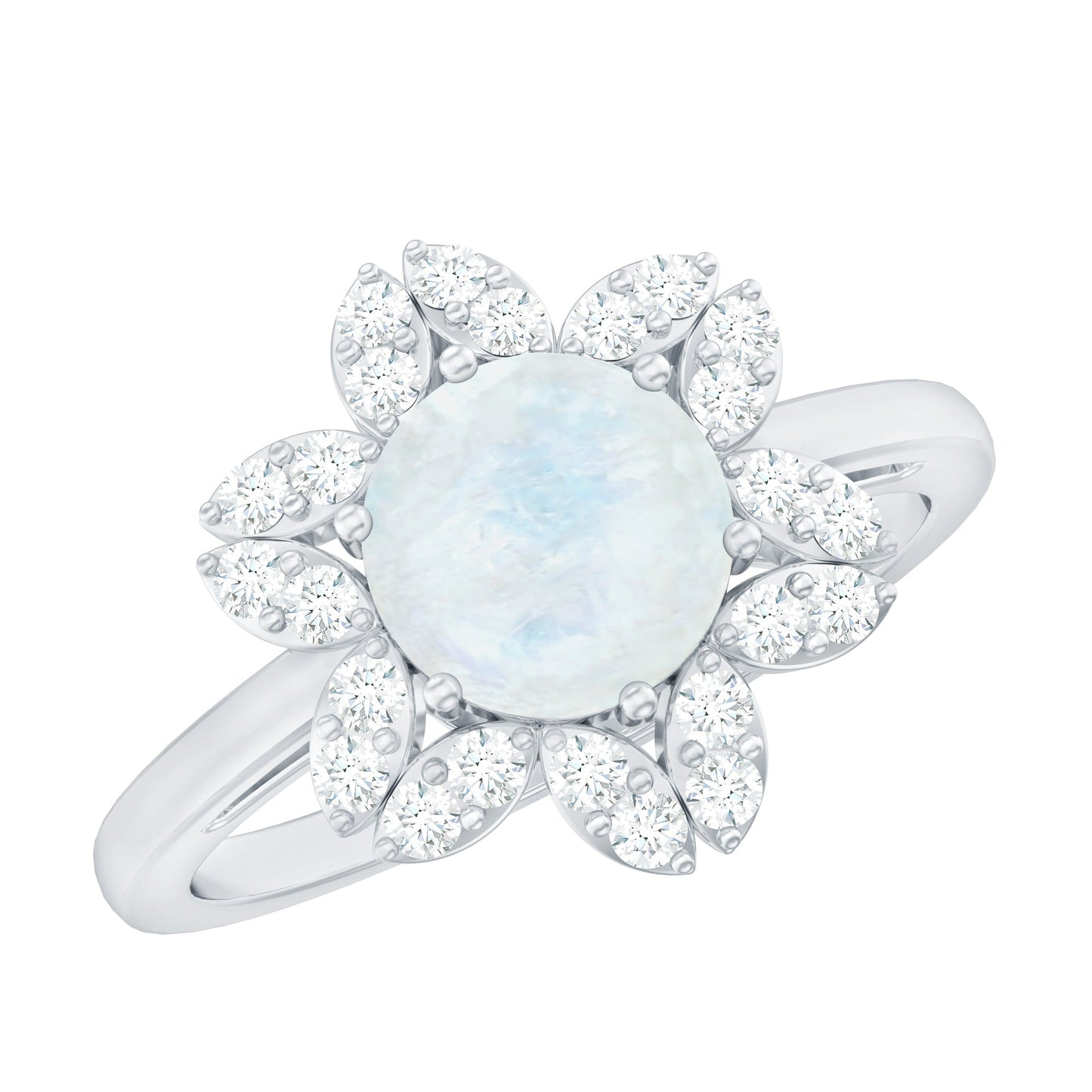 0.85 CT Moonstone and Diamond Floral Halo Engagement Ring
