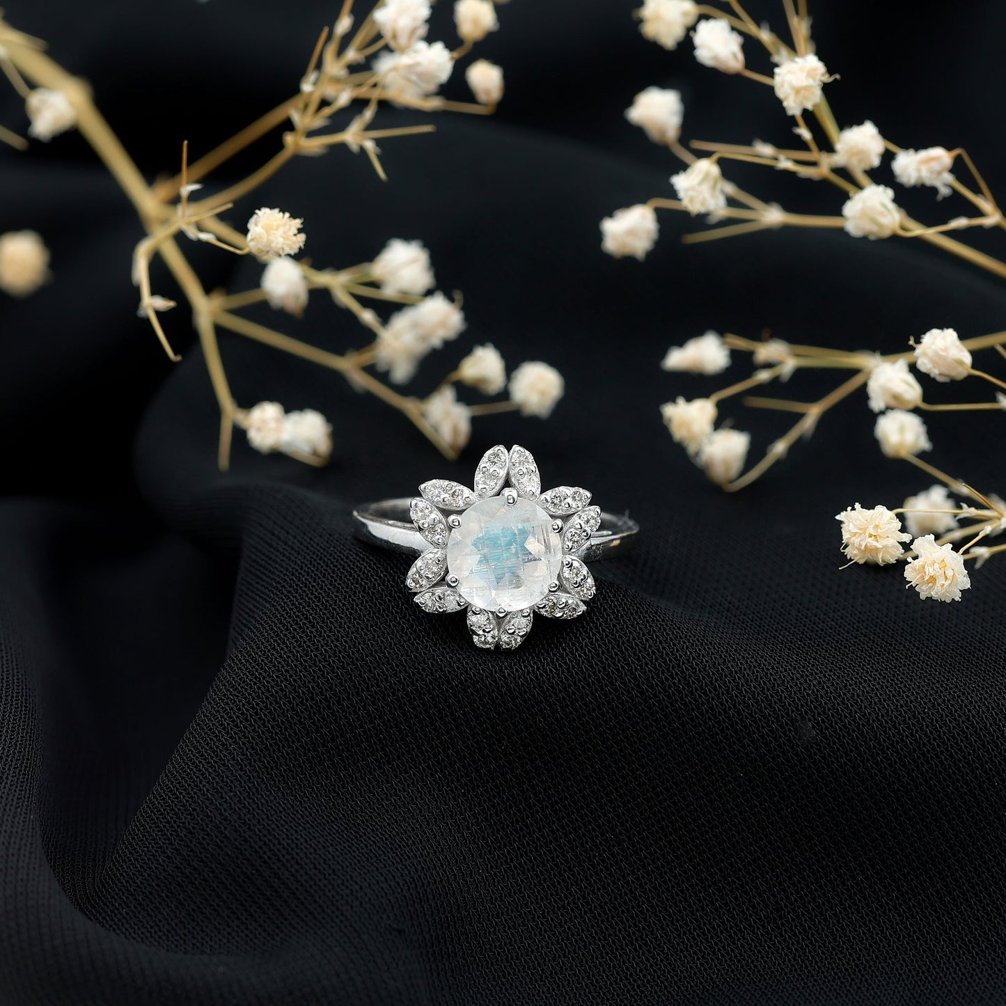 0.85 CT Moonstone and Diamond Floral Halo Engagement Ring