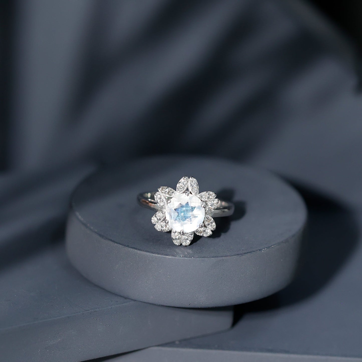 0.85 CT Moonstone and Diamond Floral Halo Engagement Ring