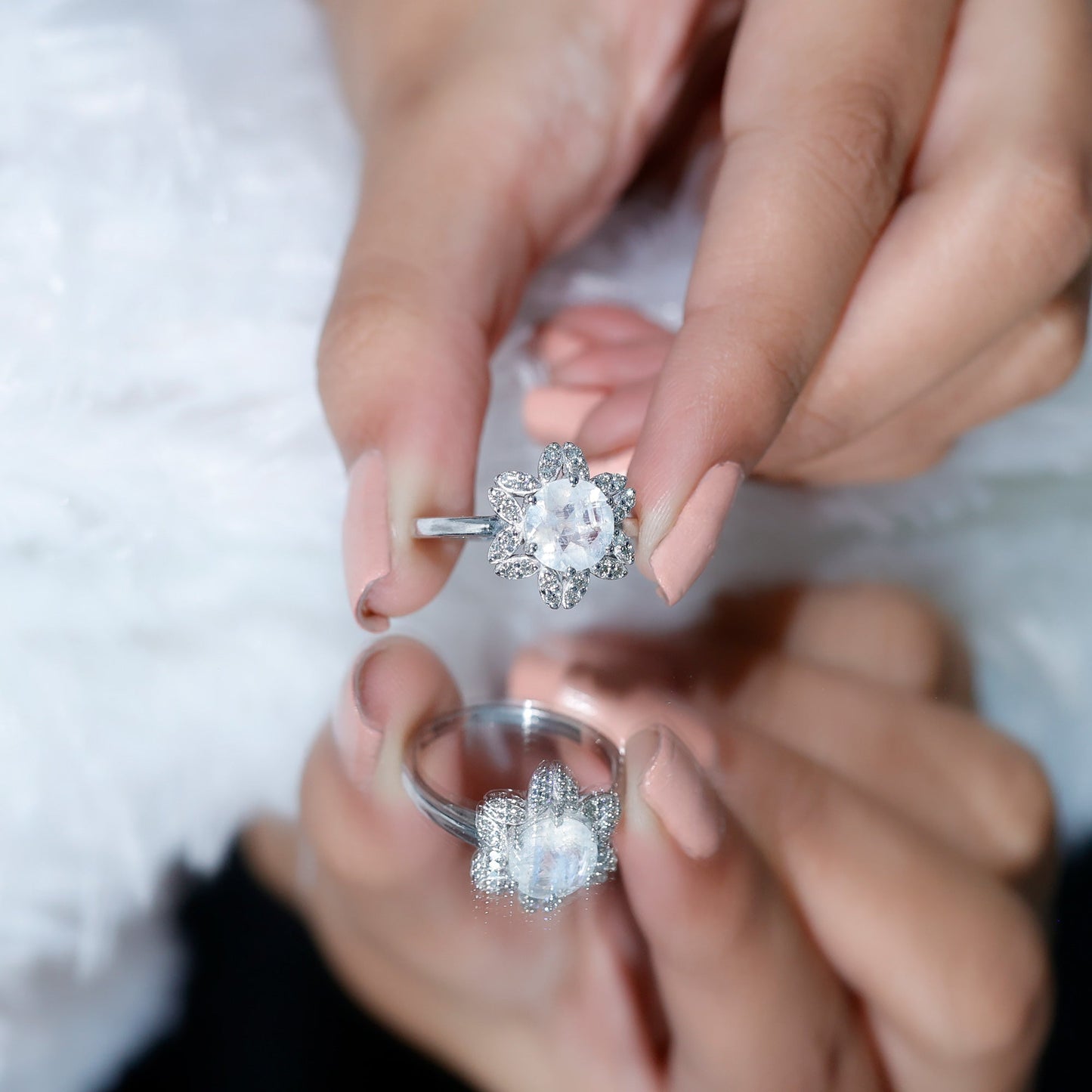 0.85 CT Moonstone and Diamond Floral Halo Engagement Ring
