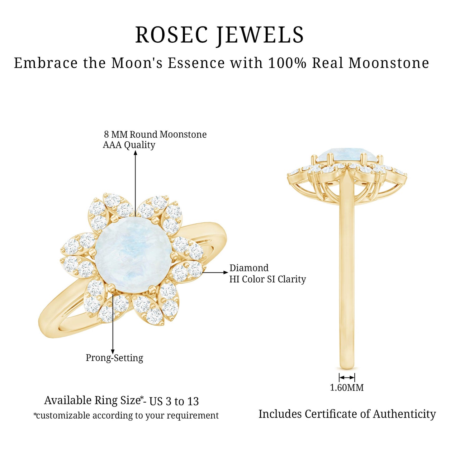 0.85 CT Moonstone and Diamond Floral Halo Engagement Ring
