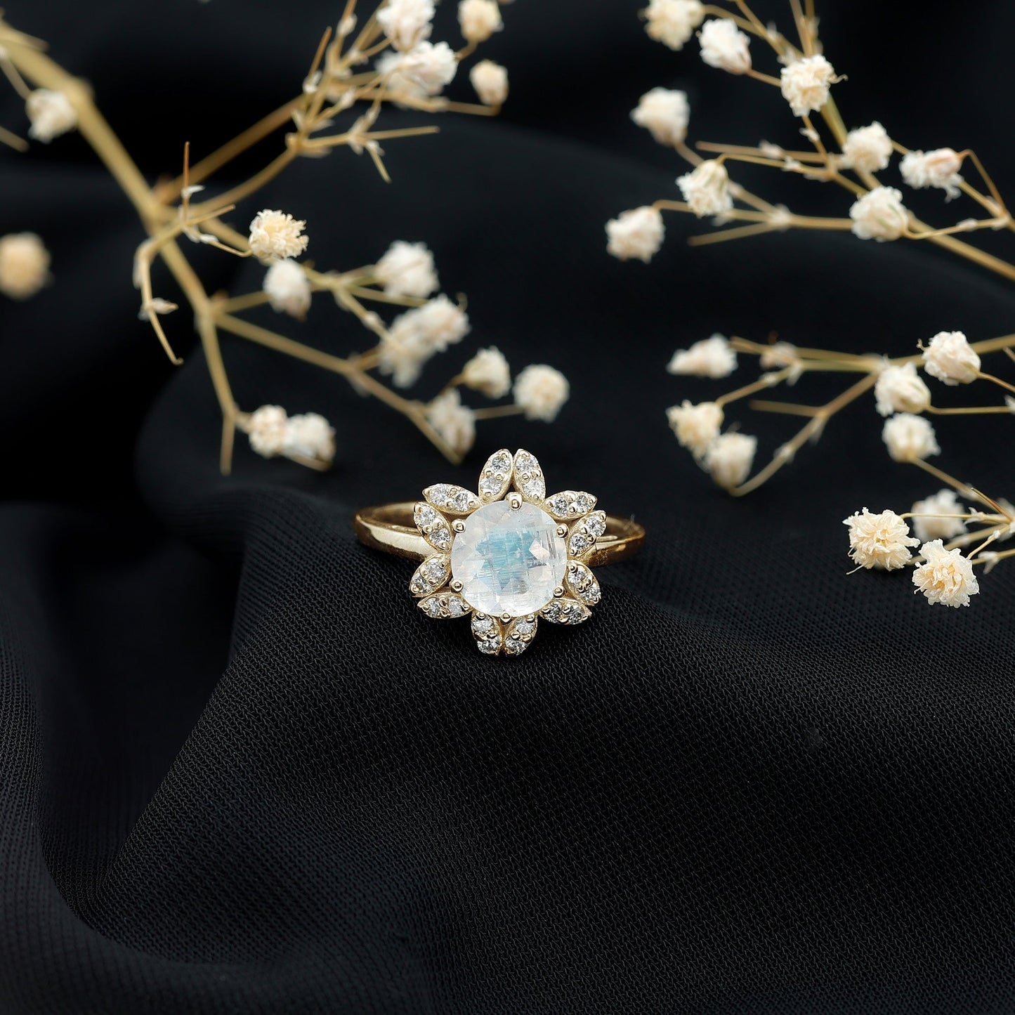 0.85 CT Moonstone and Diamond Floral Halo Engagement Ring