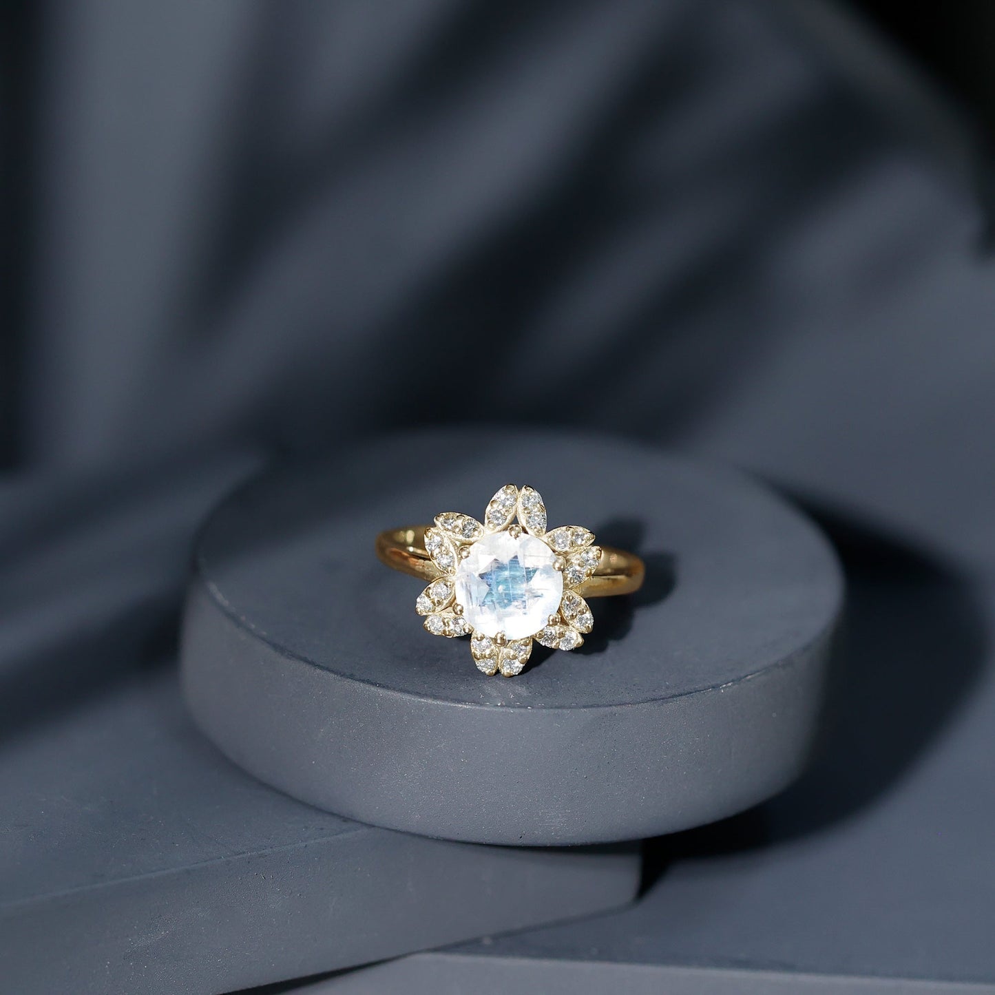 0.85 CT Moonstone and Diamond Floral Halo Engagement Ring